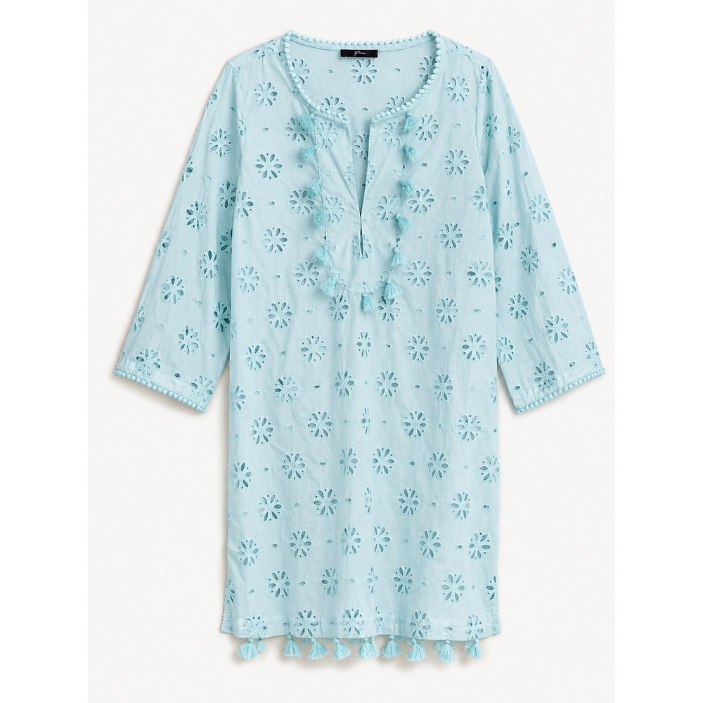 J.Crew Women XL Aqua Blue Cotton Eyelet Tassel Trim Beach Cover-Up Tunic